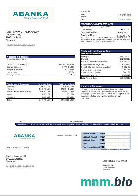 Słowenia Abanka Bank wyciąg z kredytu hipotecznego w formatach Word i PDF